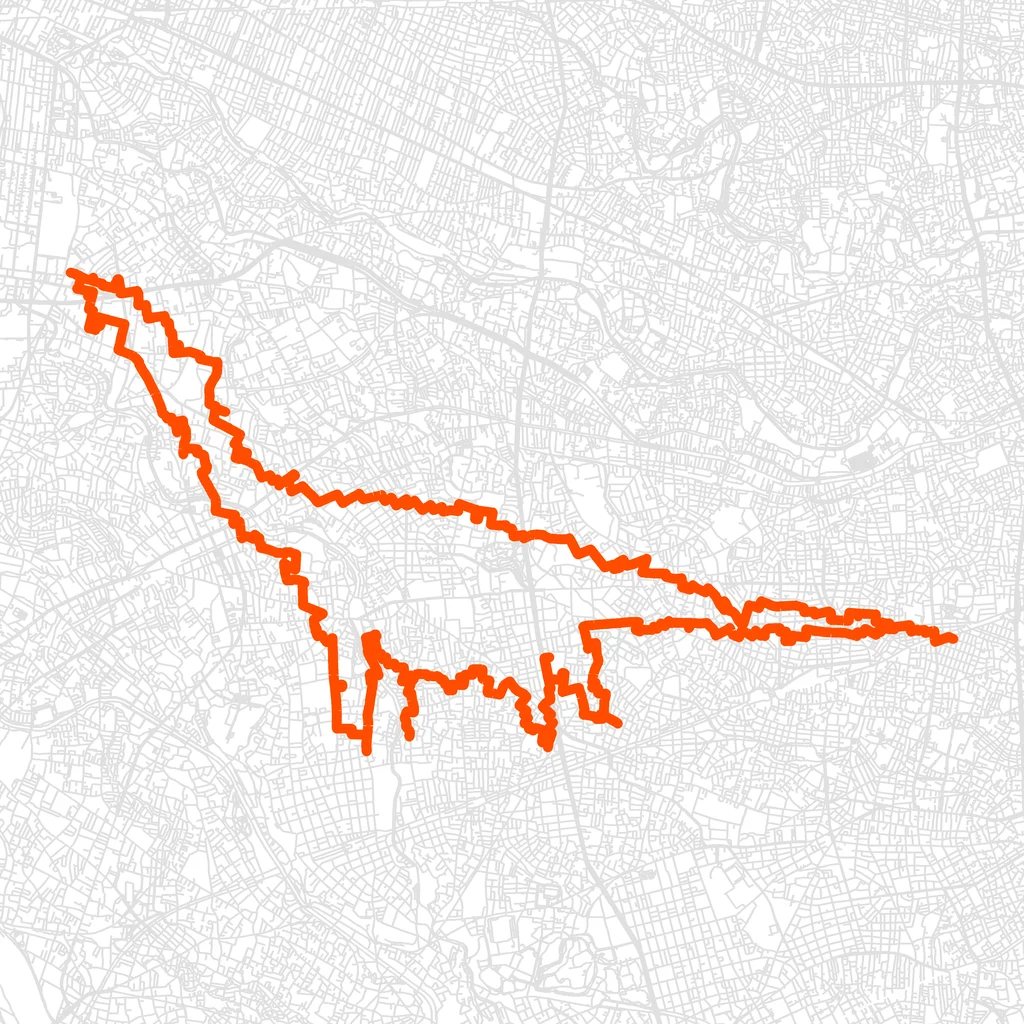 世田谷のブラキオサウルスのGPSアートルート（ブラキオサウルス・33.9km）