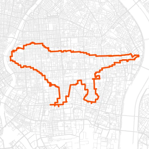 墨田のティラノサウルスのGPSアートルート（ティラノサウルス・22.9km）